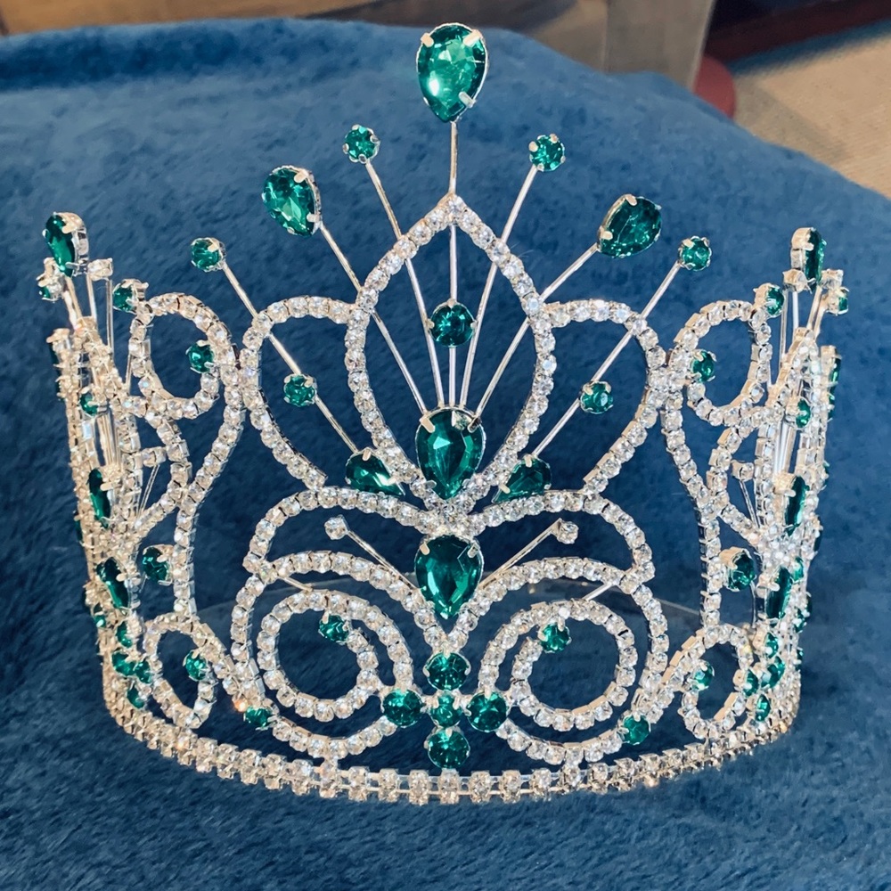 Rhinestone large crown tiara crystal 6” green prom